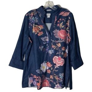 Nwot Chicos No Iron Stretch Flower Print Tunic Size 2/US 12 Cotton Boho